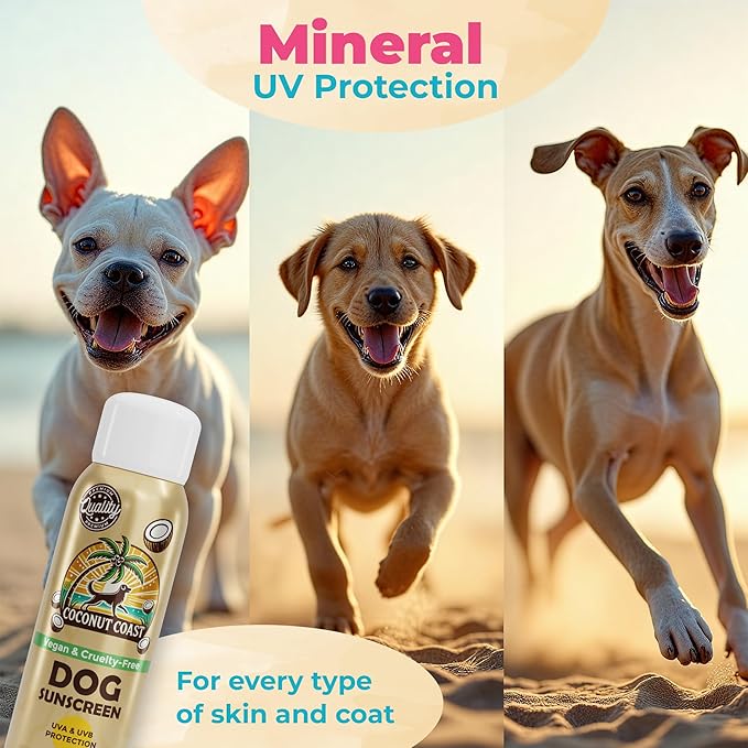 Coconut Coast Dog Sunscreen-SPF 30+ With Skin Moisturizing Vitamin E and Aloe Vera- No Zinc Oxide Safe for All Dogs- Dog Beach Accessories, Dog Camping Gear, Sunscreen for White Dogs