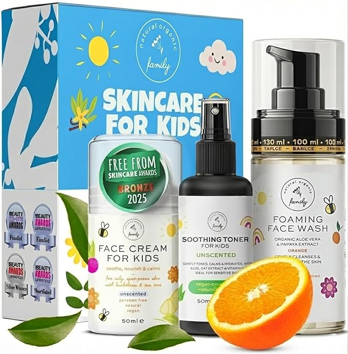 Skincare Set for Kids - Gentle Facial Wash, Unscented Soothing Toner and Cream - Natural Skin Care for Boys and Girls with Aloe Vera and Vitamin C - Vegan, Paraben-Free - Award-Winning - Ages 6-12