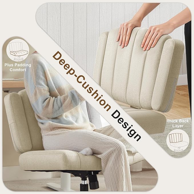 Criss Cross Chair with Wheels - Wide Seat Cross Legged Office Chair with Flip-up Arms - Comfy Swivel Rolling Desk Chair with Thick Cushion and Rocking Function for Home Office Vanity Bedroom