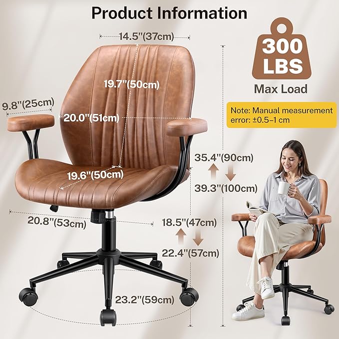 Leather Office Chair with Removable Armrests, Mid Back Ergonomic Desk Chair with Lumbar Support, Adjustable Height Rocking Swivel Executive Chair for Home Office, Brown