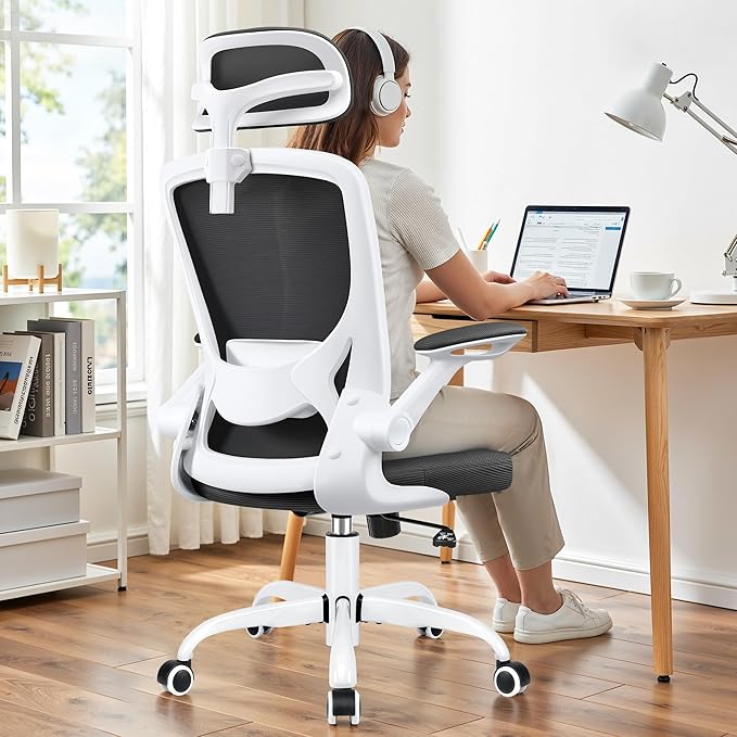 Office Chair Ergonomic Desk Chair, Breathable Mesh Office Chairs with Adjustable Lumbar Support, Flip-Up Arms, Computer Desk Chair Comfy for Home Office, White
