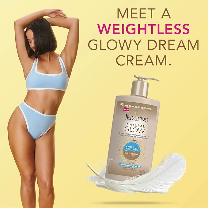 Jergens Natural Glow Hydra Gel Moisturizer, Hyaluronic Acid Tanning Lotion, Hydrating Tanning Gel, Fragrance-Free Self Tanner, Fair to Medium Skin Tones, 8.3 Fl Oz