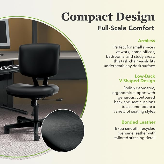 HON Volt Armless Chairs, Ergonomic Adjustable Center-Tilt Recline, Leather Back and Seat, Swivel Desk Chairs Ergonomic, Black