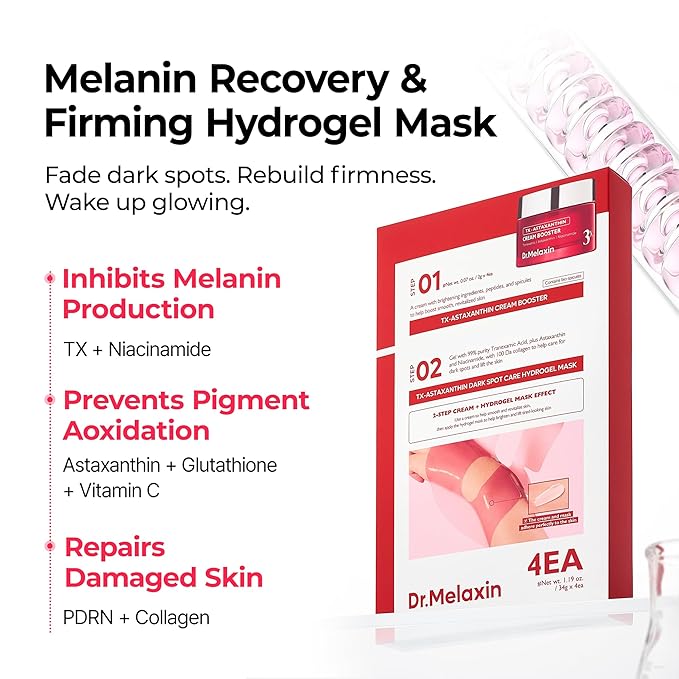 Dr.Melaxin TX Astaxanthin Melanin Recovery & Firming Hydrogel Mask (4 Sheets) – Dark Spot Correcting 2-Step Mask with Tranexamic Acid, Niacinamide, PDRN & Collagen for Elasticity