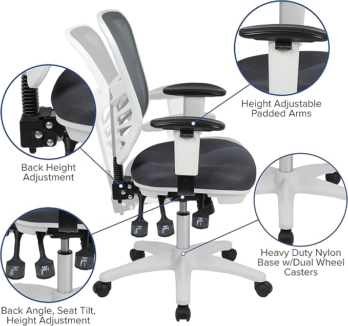 Flash Furniture Nicholas Mid-Back Swivel Office and Gaming Chair, Ergonomic Mesh Office Chair with Adjustable Lumbar Support and Height, Gray/White