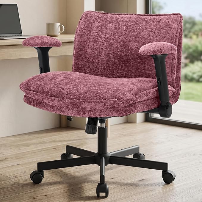 Cross Legged Office Chair, Height Adjustable Swivel Desk Chair with Flip-Up Arms, Padded Criss Cross Chair for Home Office & Bedroom