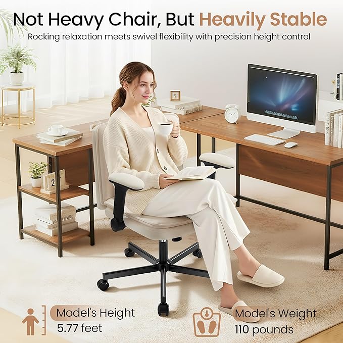 Criss Cross Office Chair with Wheels - Wide Seat Criss Cross Desk Chair with Flip-up Arms and Thick Cushion - Comfy Tilting Swivel Rolling Vanity Chair for Home Office Bedroom Apartment