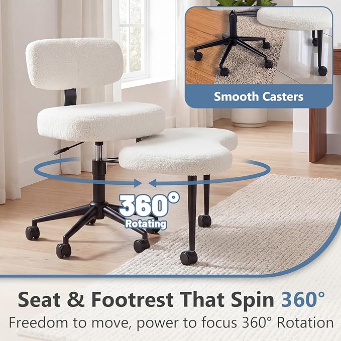 DUMOS Ergonomic ADHD Cross Legged Office Desk Chair with Adjustable Backrest, Height Adjustable Meditation Chair with 360° Swivel Footstool, Teddy Fabric Yoga Stool for Home Office, White