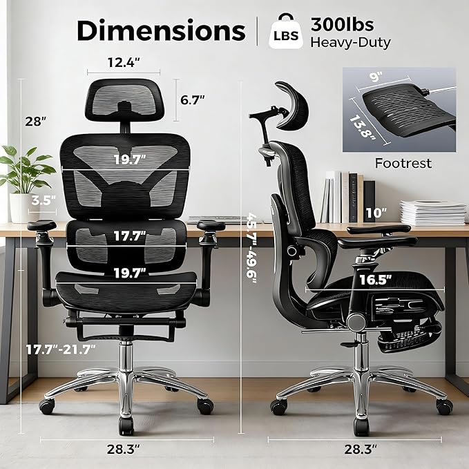 Ergonomic Mesh Office Chair with Footrest, Big and Tall Home Desk Chair with 5D Flip-Up Arms, Adjustable Lumbar Support, Gaming & Executive Computer Chairs, Black