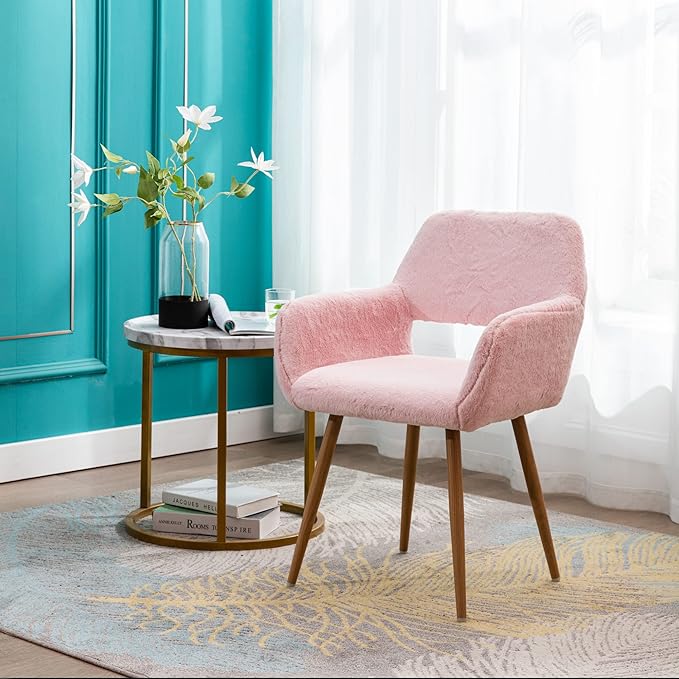 KCC Furry Desk Chair Set of 2, Mid-Century Modern Accent Faux Fur Chair for Teen Girls, Comfy Armchair with Wood Look Metal Legs for Living Room, Home Vanity Makeup Office Desk Chairs No Wheel, Pink