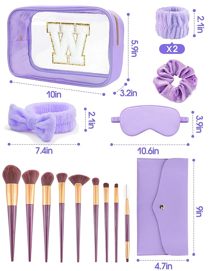 Gift Sets for Women, Initial Makeup Bag with Makeup Brush Set Bachelorette Party Favors, Purple Spa Kit with Skincare Headbands Wrist Bands Sleepover Party Supplies Gifts for Teen Girls Bridesmaid W