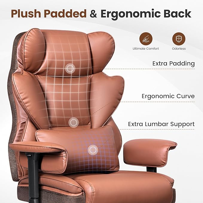 Big and Tall Office Chair for Heavy People - 400 LBS Capacity Executive Chair with High Back & Footrest, Ergonomic Wide Padded Leather Seat Computer Gaming Chair, Terracotta Brown