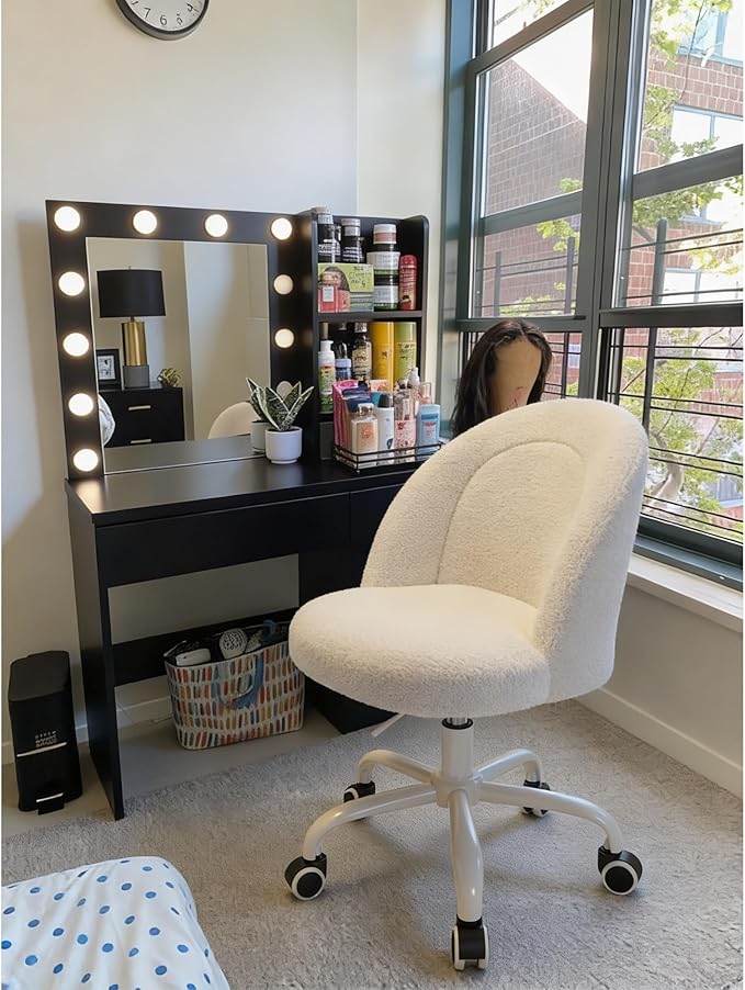 White Vanity Chair with Wheels, Cute Desk Chair with Back, Armless Office Chair Height Adjustable, Soft Lumbar Support for Small Space, Bedroom