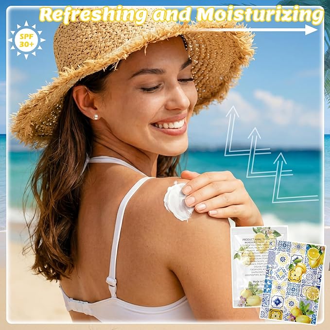 Leelosp 100 Pack Travel Size Sunscreen Bulk Mini Sunscreen Packets Spf 30+ for Beach Trip Vacation Outdoor, Wedding Party Favors Mediterranean Summer Thank You Gifts for Guests Women