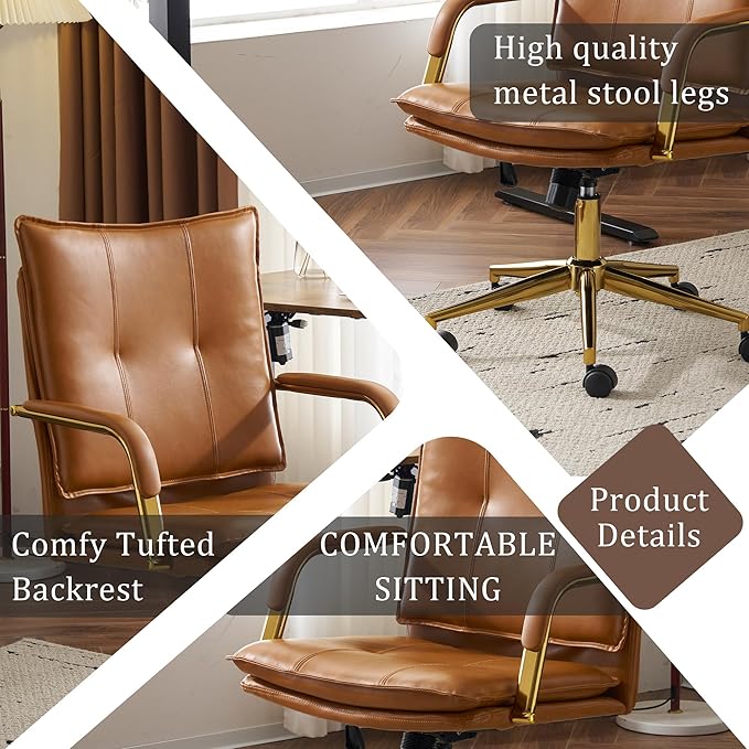 MOJAY Office Chair, Leather Desk Chair, Brown Desk Chair, Mid Century Modern Office Chair, Swivel Comfy Upholstered Wide Seat Chair with Gold Legs and Armrests for Home, Office (Camel&Golden)