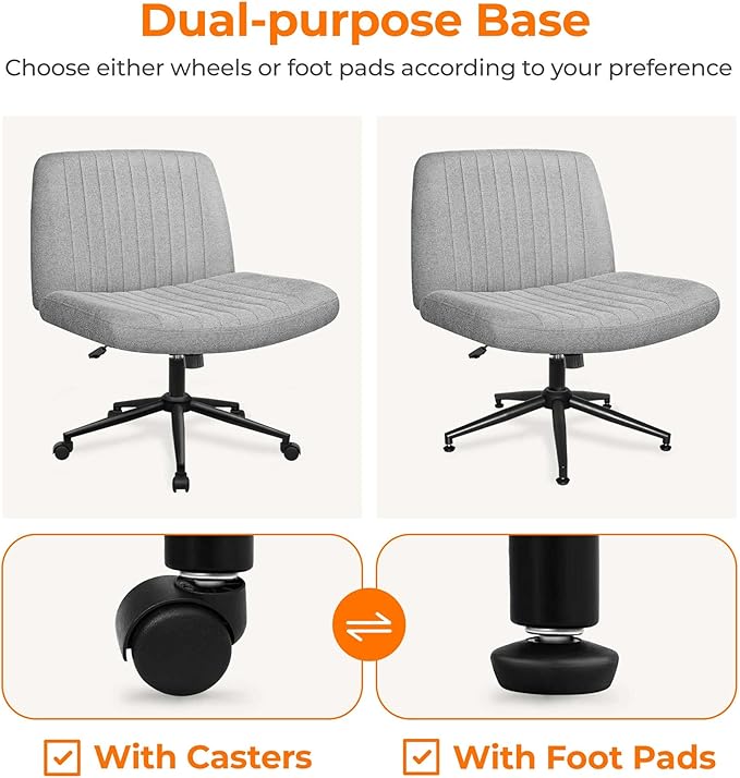 NEO Chair Criss Cross Chair with Wheels Armless Cross Legged Office Desk Wide Comfy Vanity Makeup Chair Adjustable Swivel Rolling Computer for Home Office Fabric (Grey)
