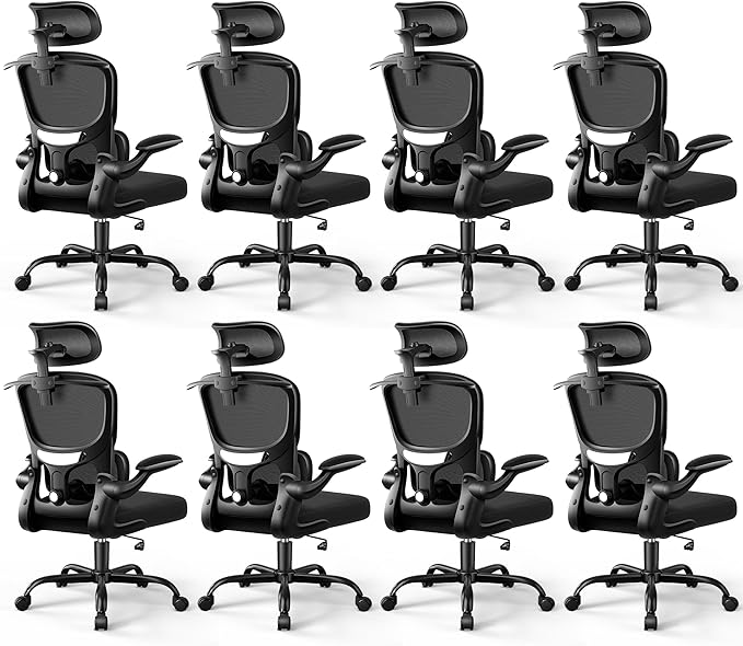 Ergonomic Office Chair, Mesh Desk Chair with Lumbar Support, High Back Home Office Chair with Adjustable Headrest and Flip-Up Arms, Comfortable Computer Chair, Thick Cushion,Black-8 Pack