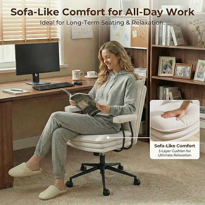 White Office Chair with Triple-Layers Thicken Wide Seat, Mid Back Leather Desk Chair with Wheels and Arms, Mid-Century Modern Computer Chair for Home Office