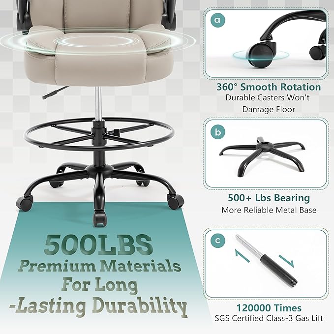 Ergonomic Drafting Chair, Tall Office Chair for Standing Desk, High Back Standing Desk Chair with Flip-Up Armrest, Adjustable Height&Foot Ring, Executive PU Leather Extended Height Office Chairs,Beige