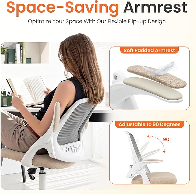 NEO Chair Office Chair Gaming Desk Computer Mesh Ergonomic Chair with Flip-up Arms Comfy Lumbar Support Adjustable Height Rolling Wheels Chair for Home Office (Beige)