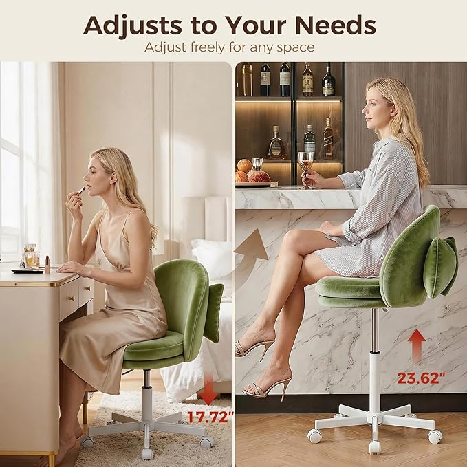 GTPOFFICE Vanity Chair with Back, Adjustable Tall Office Chair High Swivel Bar Stools Fluffy Cute Desk Chair Comfy with Wheels Bow Pillow Armlees for Adults Standing Desk Bar, Soft Velvet, Green