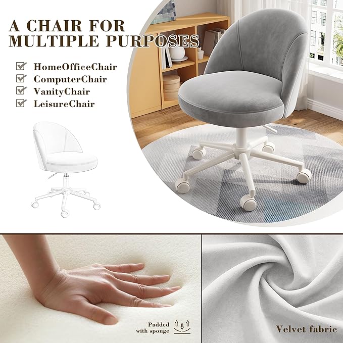 EnHomee Vanity Chair with Wheels, Cute Desk Chair Comfy with Back,Small Office Chair with Adjustable Rolling Swivel for Makeup Room Bedroom, Home Office, Armless,Muted Grey