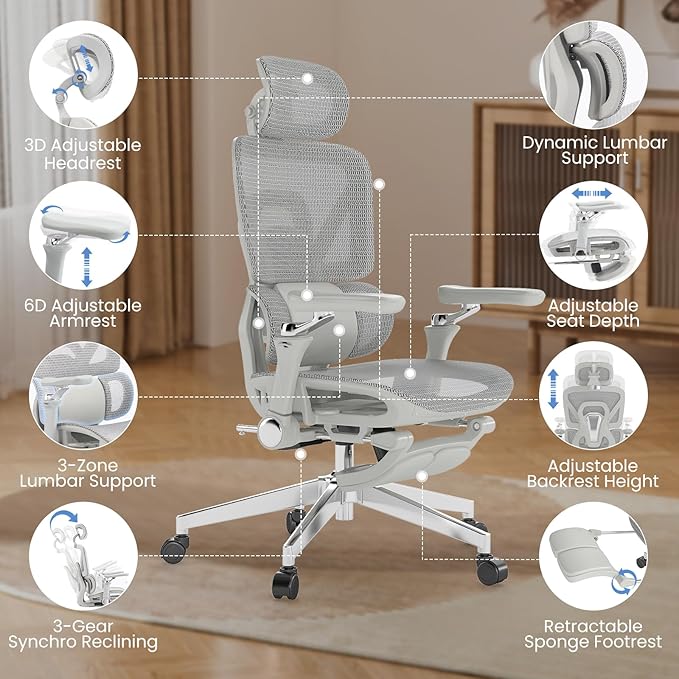 MOJAY Ergonomic Office Chair with Footrest, Big and Tall Desk Chair with Lumbar Support, High Back Home Desk Chair for Long Desk Work, Swivel Rolling Computer Seating with 6D Armrest for Home Office