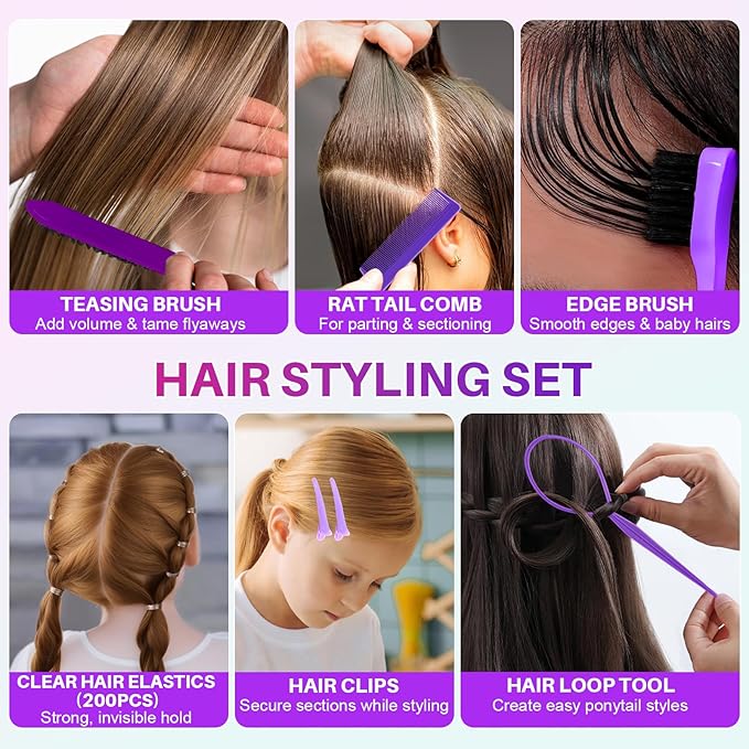 START MAKERS Hair Wax Stick with Slick Back Hair Brush Set, 200Pcs Clear Small Hair Elastics, 2Pcs Hair Tail Loop Styling Tools for Women Teen Girls Kids for Flyaways, Control, Sleek, Ponytail & Buns