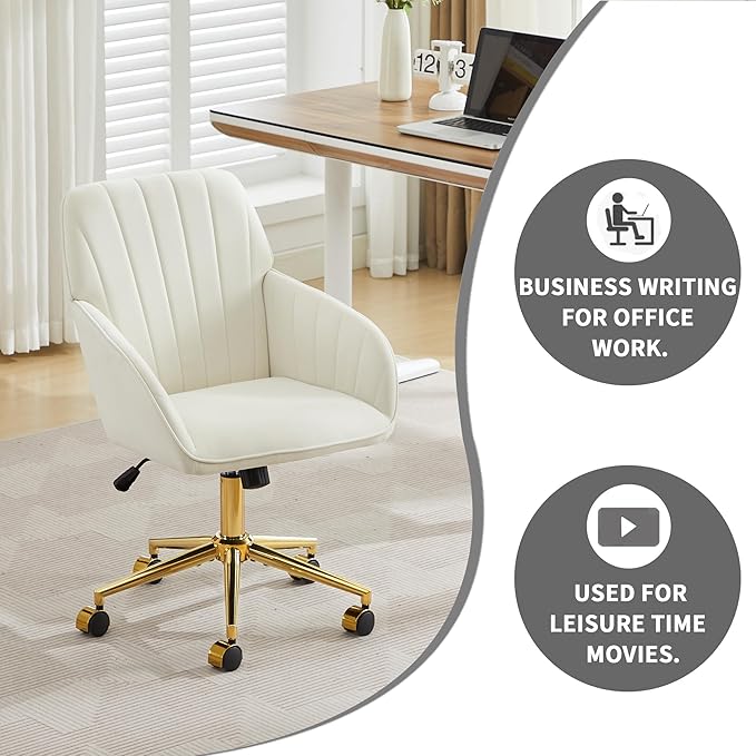 YITAI Velvet Office Desk Chair with Wheels and Gold Base,Modern Height Adjustable 360 Degree Swivel Upholstered Vanity Chairs with Arms for Living Room Bedroom, Study,Cream