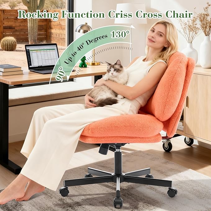 Cross Legged Office Chair, Thick Cushioned Criss Cross Desk Chair with Wheels, Wide Seat Armless Office Chair, Height Adjustable Swivel Vanity Chair for Home and Office, Orange