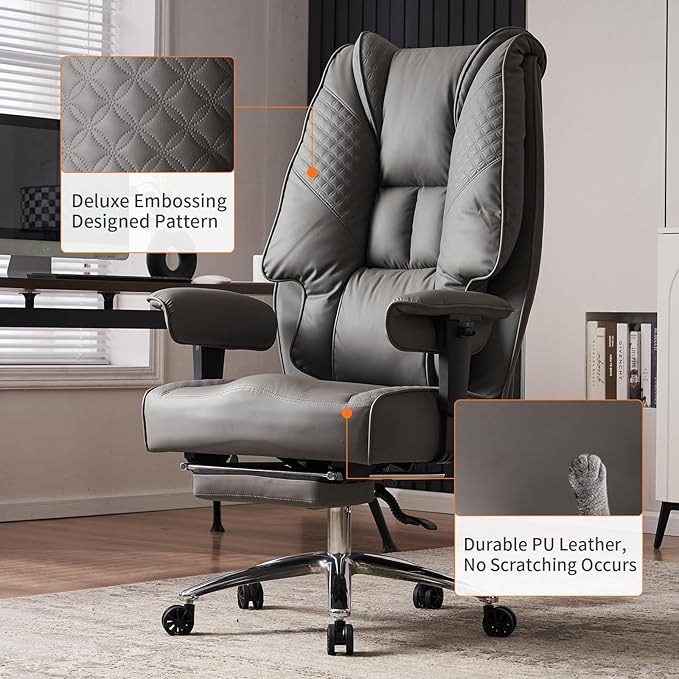 Big and Tall Office Chair 400lbs Wide Seat, Leather High Back Executive Office Chair with Foot Rest, Ergonomic Chairs Lumbar Support for Lower Back Pain Relief (Grey)