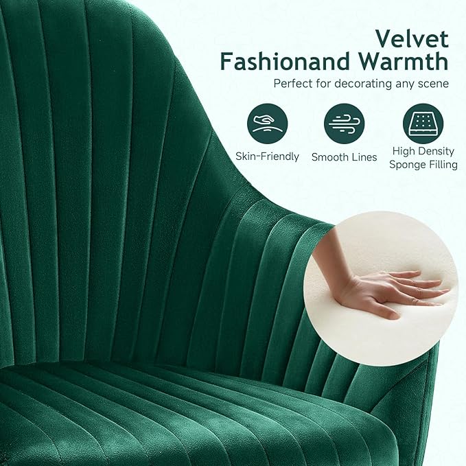 Warmiehomy Desk Chair, Velvet Office Chair for Home Office, Comfy Vanity Chair, Girl Cute Makeup Chair with Arm Rest for Bedroom Dressing Room, Green