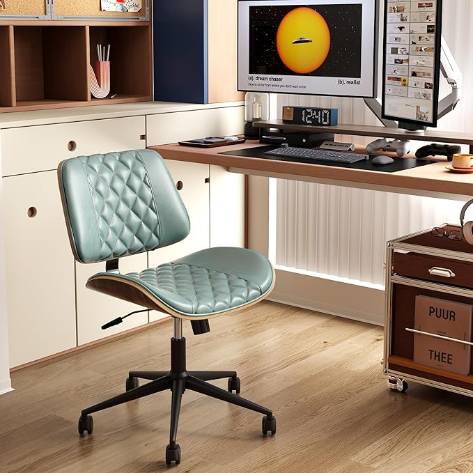 Home Office Chair No Arms with Wheels, Armless Adjustable Height Small Desk Chair, Armless PU Leather Computer Chair Mid Back 360 Swivel, Modern Walnut, Reading Meeting Room (Green)