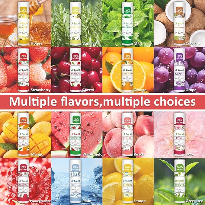 32 Pack Lip Balm, Natural Lip Balm Bulk with Vitamin E and Coconut Oil, Moisturizing Lip Balms for Dry Lips-16 Flavors