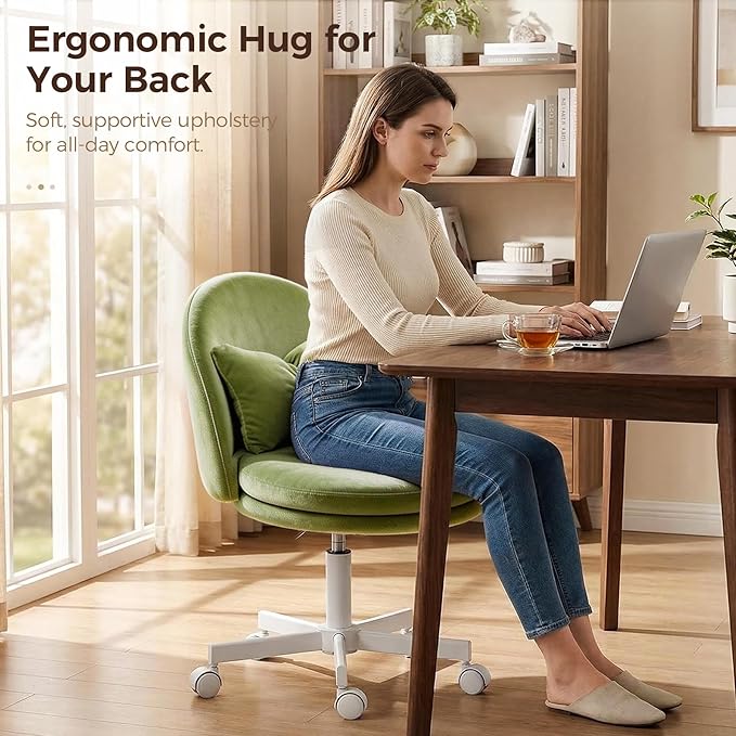 GTPOFFICE Vanity Chair with Back, Adjustable Tall Office Chair High Swivel Bar Stools Fluffy Cute Desk Chair Comfy with Wheels Bow Pillow Armlees for Adults Standing Desk Bar, Soft Velvet, Green