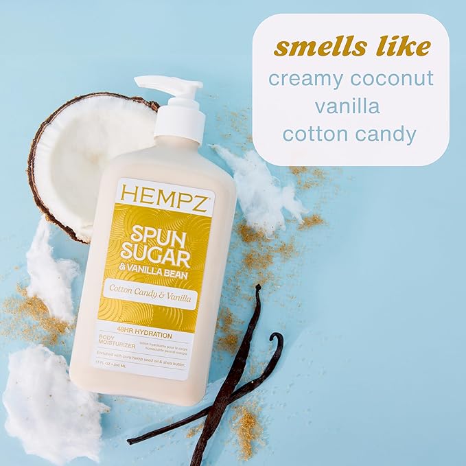 Hempz Cotton Candy Scented Body Lotion – Spun Sugar & Vanilla Bean, Hydrating Moisturizer for Dry Skin, Body & Hands, Self Care Routine Must Have, 2.25 Fl Oz.