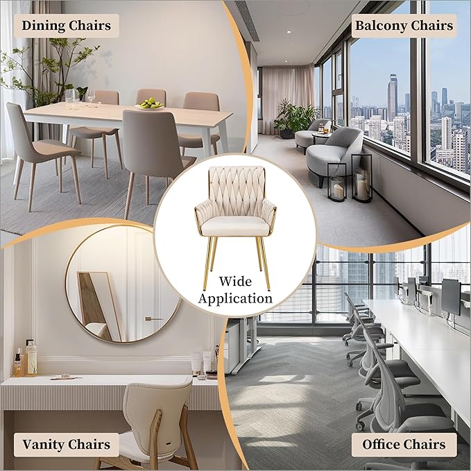 Westice Home Office Desk Chair 1PC, Upholstered Hand Weaving Desk Chairs with Golden Metal Legs & Armrest, Modern Accent Chairs for Dining Room, Living Room, Kitchen, Vanity, Beige