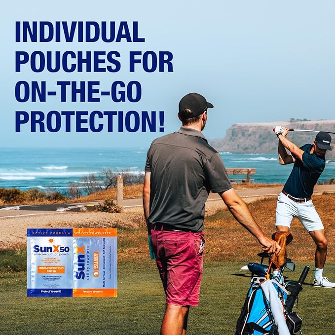 CoreTex Sun X 50 Broad Spectrum Sunscreen Packets & Dry Towels Duo Kit - Pack of 25 Paraben, Oxybenzone, Octinoxate, & Oil Free Sunscreen - No White Cast and Water Resistant Up to 80 Minutes