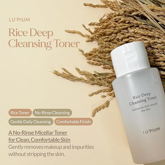 LU'PIUM Rice Deep Cleansing Toner – 81% Rice Bran Water Micellar Formula for Pore Purifying and Hydration with 7 Types of Hyaluronic Acid, Korean No-Rinse Skincare Toner