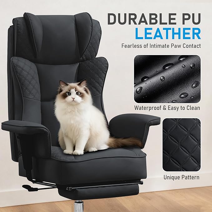 Big and Tall Office Chair, Ergonomic Leather Reclining Chair with Footrest, High-Back Comfy Executive Computer Desk Chairs with Lumbar Support, Wide Seat, 400LBS (Black)
