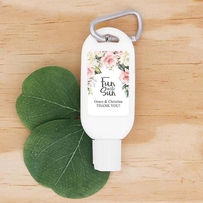 Personalized Sunscreen with Carabiner SPF 30, Custom Sunscreen for Wedding Favors, Party Favors, Garden Wedding, Pink Rose Favor, Bridal Shower Favors, Bachelorette Gift (Set of 12)