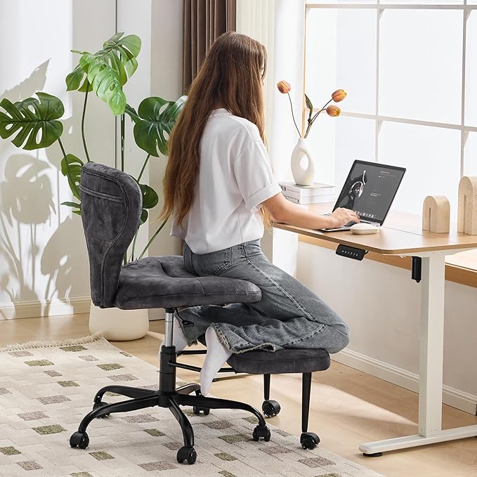 YFO Ergonomic Cross Legged Office Chair and ADHD Meditation Chair with Silent Wheels for Home Office Desk Chair and Yoga, Wider Backrest Support and Storage Pockets Design, Velvet Fabric, Grey