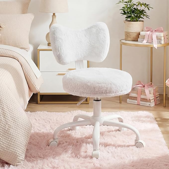 Vanity Chair with Back, Swivel Chair with Wheels & Adjustable Height, Fluffy Faux Rabbit Fur Comfy Desk Chair for Vanity, Make-up Room, Bedroom, Dorm, Cute Bow Backrest, White