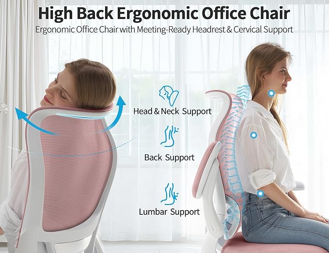 TRALT Ergonomic Office Chair - Desk Chair with Wave High Back Adjustable Lumbar Support Computer Chair - Gaming Chairs Mesh Backrest and PU Leather Seat for Home Reading Chairs to Adults(PIK)