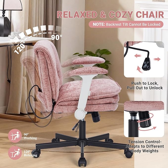 Criss Cross Chair with Wheels and Flip Arms, Upholstered Cross Legged Office Chair with 3 Layer Cushions&Dynamic Airbag Lumbar Support, Wide Seat Comfy Desk Chair for Home Office, Living Room, Pink