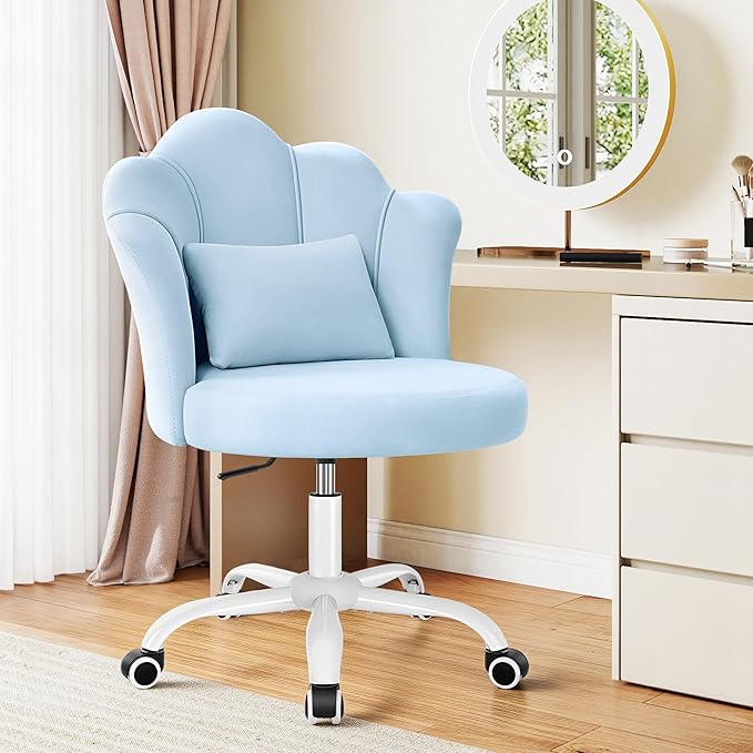 Petal Vanity Chair with Wheels, 3.15" Extra Thick Comfy Makeup Chair, Adjustable Modern Swivel Armless Desk Chair for Girls Women, Aesthetic Small Office Chair for Bedroom Dorm
