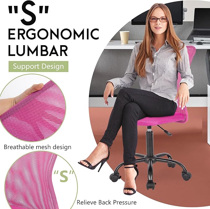 BestOffice Ergonomic Office Chair Desk Chair Mesh Computer Chair Armless Back Support Modern Executive Rolling Swivel Chair with Lumbar Support(Pink)