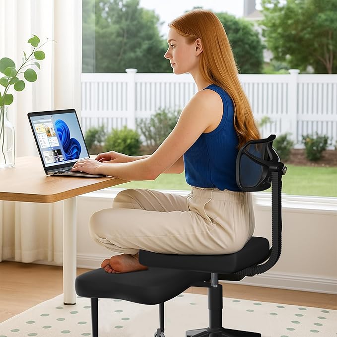 Cross Legged Office Chair with Rubber Wheels - Breathable Mesh Fabric - 360° Swivel ADHD Chair, Wider & Thicker Cushions for Meditation Chair, Criss Cross, and Kneeling