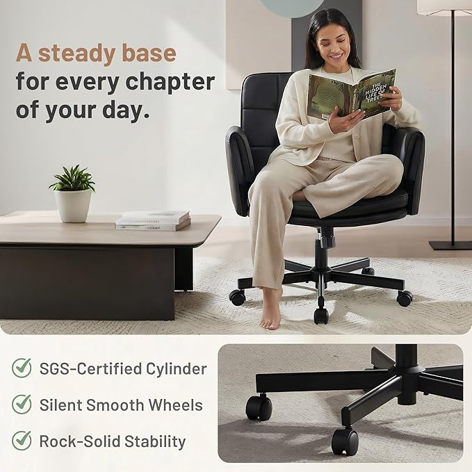 Criss Cross Chair with Wheels - PU Leather Comfy Wide Seat Criss Cross Desk Office Chair with Armrests - Comfortable Swivel Rolling Tilting Vanity Chair with Back for Home Office Makeup Bedroom