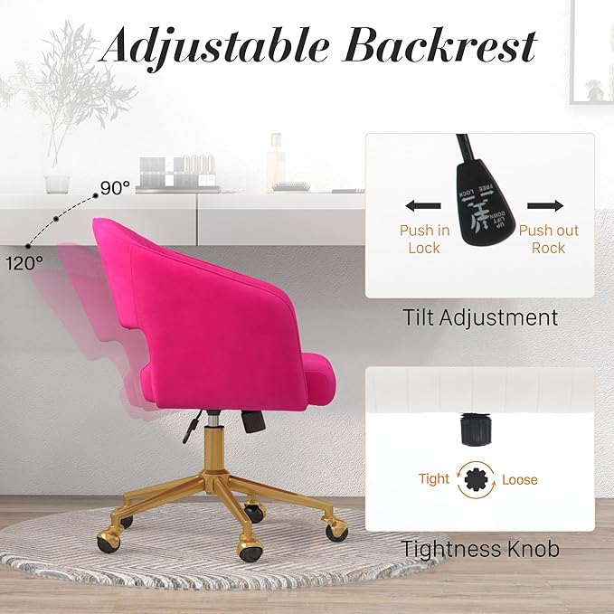Home Office Swivel Desk Chair, Modern Velvet Vanity Chair, Height Adjustable Armchair with Gold Base, Ergonomic Office Chair for Task Study Computer Room, Hot Pink